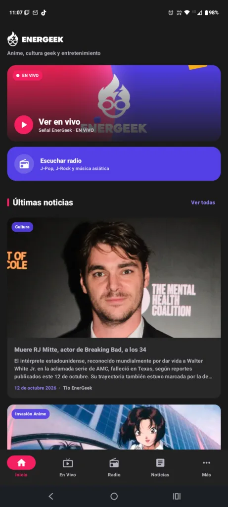Pantalla principal de la aplicación EnerGeek 2.0 para Android.
