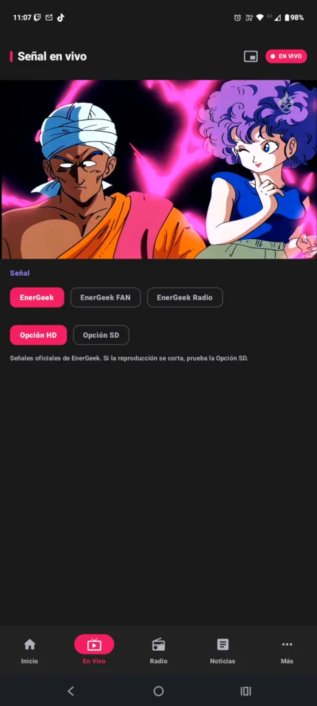 Reproductor de televisión en vivo de EnerGeek 2.0 con selector de señales y opciones de calidad HD y SD.