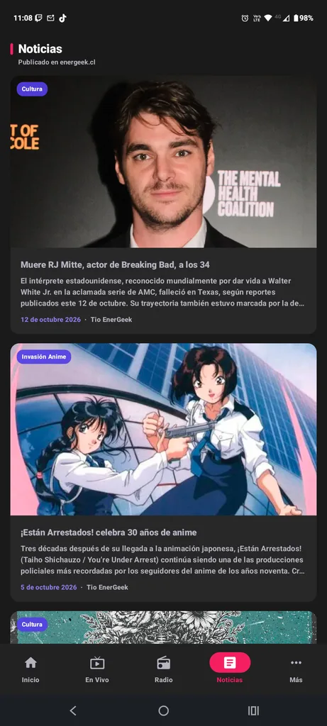 Sección de noticias de EnerGeek 2.0 con artículos de anime, cultura geek y entretenimiento.